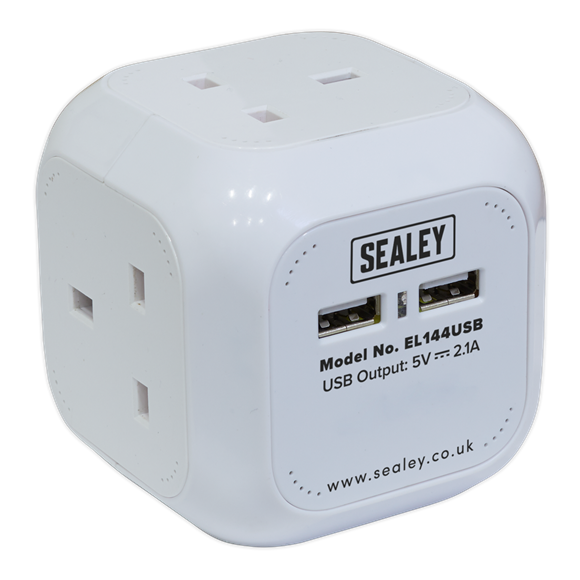 Sealey EL144USB Extension Cable Cube 1.4m 4 x 230V & 2 x USB Sockets - White