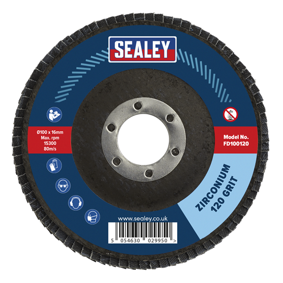 Sealey FD100120 Flap Disc Zirconium Ø100mm Ø16mm Bore 120Grit