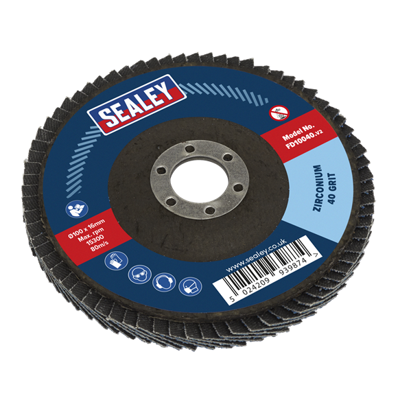 Sealey FD10040 100mm Zirconium Flap Disc 40Grit 16mm Bore