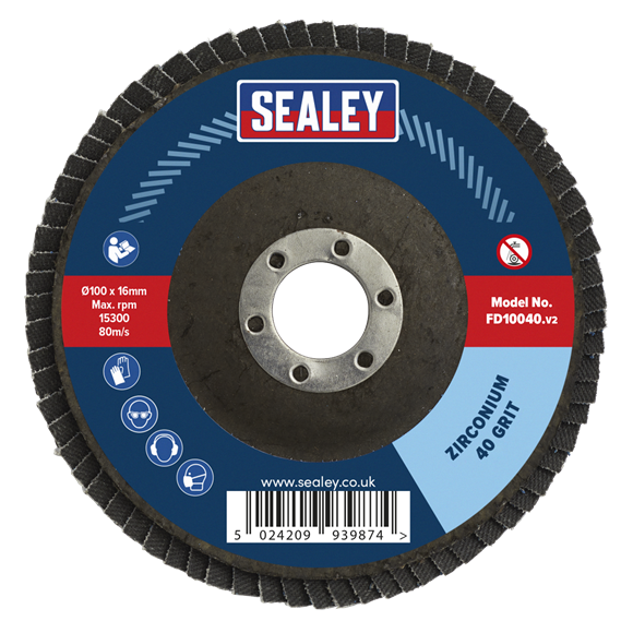 Sealey FD10040 100mm Zirconium Flap Disc 40Grit 16mm Bore