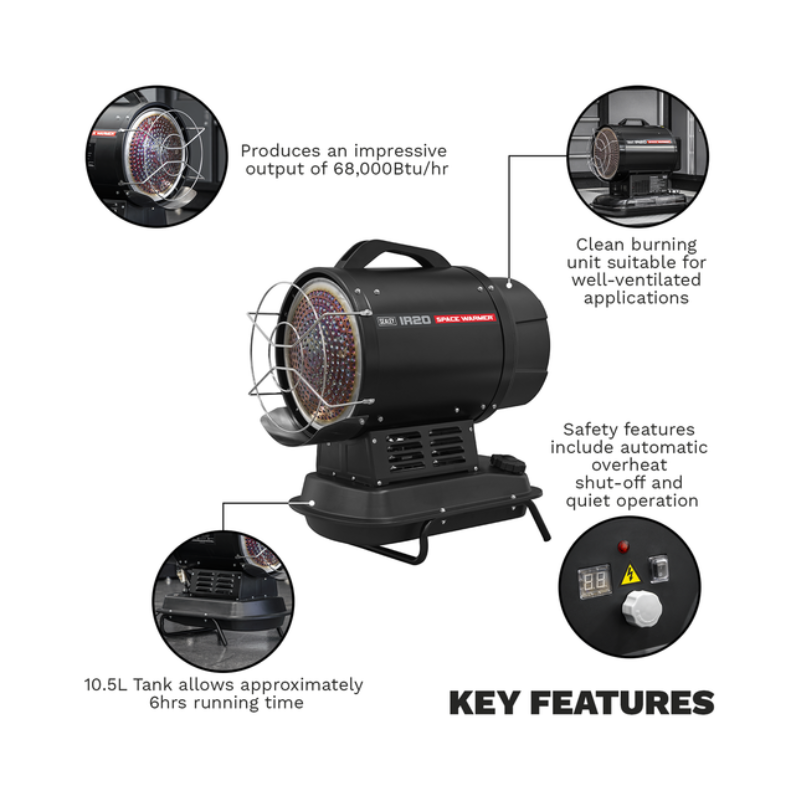 Sealey IR20 Infrared Space Warmer Kerosene/Diesel Heater 68,000Btu/hr