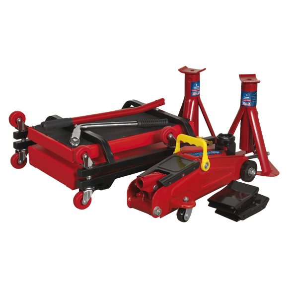 Sealey JKIT01 Lifting Kit (Inc Jack, Axle Stands, Creeper, Chocks & Wrench) 2 Tonne 5pc