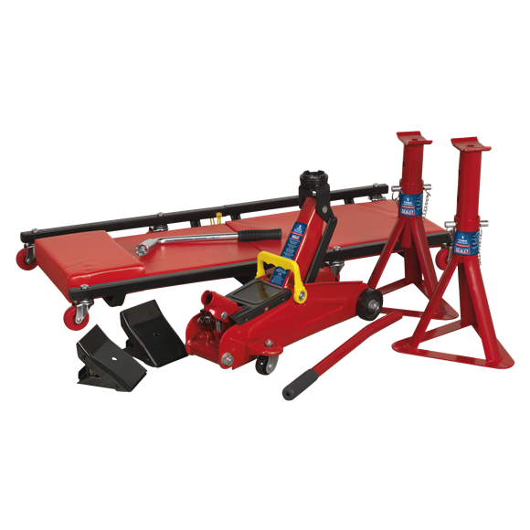 Sealey JKIT01 Lifting Kit (Inc Jack, Axle Stands, Creeper, Chocks & Wrench) 2 Tonne 5pc