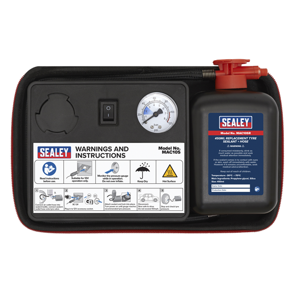Sealey MAC10S Tyre Inflator 12V & Emergency Puncture Sealant Kit