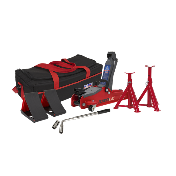 Sealey 1020LEBAGCOMBO Trolley Jack 2tonne Low Entry Short Chassis & Accessories Bag Combo - Red