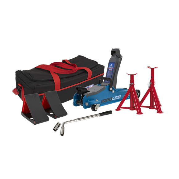 Sealey 1020LEBBAGCOMBO Trolley Jack 2tonne Low Entry Short Chassis & Accessories Bag Combo - Blue