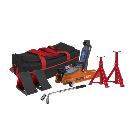 Sealey 1020LEOBAGCOMBO Trolley Jack 2tonne Low Entry Short Chassis & Accessories Bag Combo - Orange