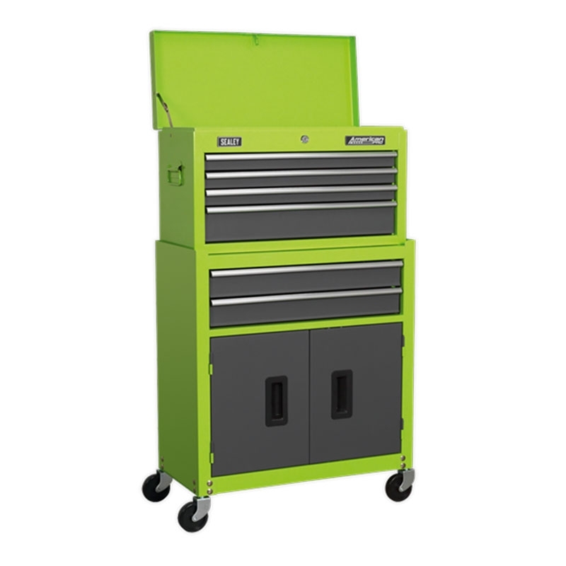 Sealey AP2200BBHV Topchest & Rollcab Combination 6 Drawer with Ball Bearing Slides - Hi-Vis Green/Grey