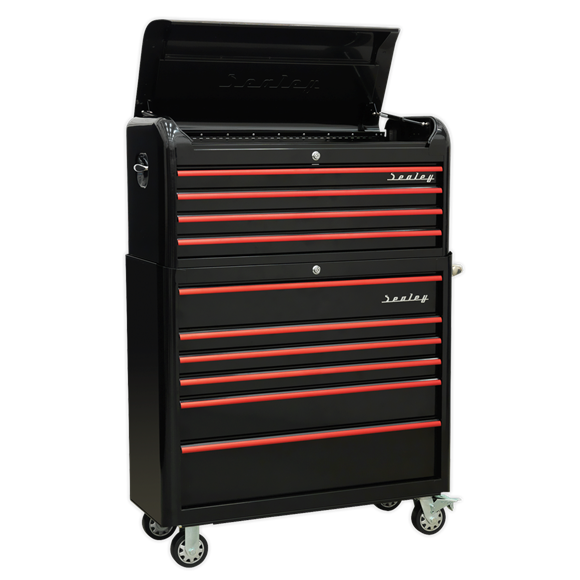 Sealey AP41COMBOBR Retro Style Extra-Wide Topchest & Rollcab Combination 10 Drawer-Black with Red Anodised Drawer Pull