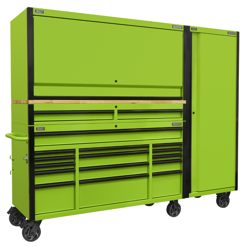 Sealey 15 Drawer 1549mm Mobile Trolley with Wooden Worktop, Hutch, 2 Drawer Riser & Side Locker