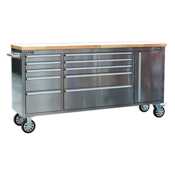 Sealey AP7210SS Mobile Stainless Steel Tool Cabinet 10 Drawer & Cupboard