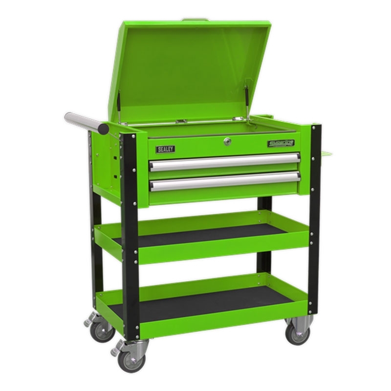 Sealey Heavy-Duty Mobile Tool & Parts Trolley 2 Drawers & Lockable Top - Hi-Vis Green