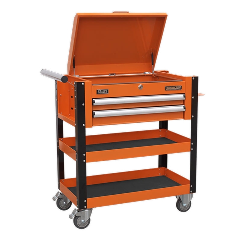 Sealey Heavy-Duty Mobile Tool & Parts Trolley 2 Drawers & Lockable Top - Orange