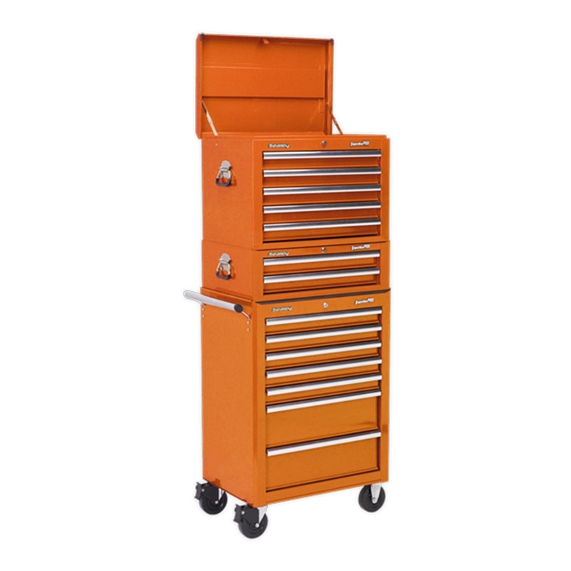 Sealey APSTACKTO Topchest, Mid-Box & Rollcab Combination 14 Drawer with Ball Bearing Slides - Orange