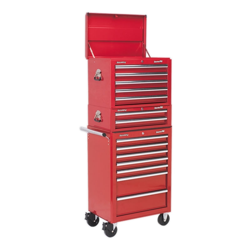 Sealey APSTACKTR Topchest, Mid-Box & Rollcab Combination 14 Drawer with Ball Bearing Slides - Red