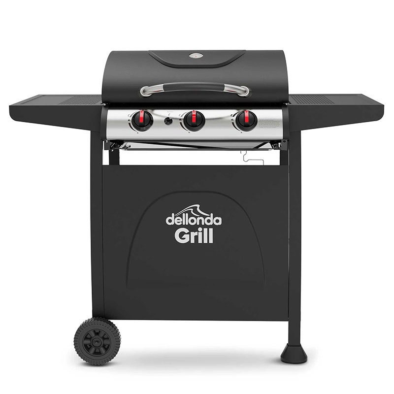 Dellonda 3 Burner Gas BBQ Grill, Ignition, Thermometer, Black/Stainless Steel
