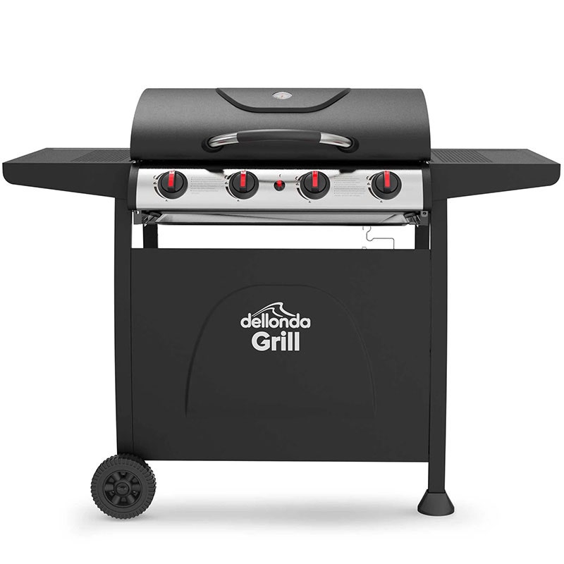 Dellonda 4 Burner Gas BBQ Grill, Ignition, Thermometer, Black/Stainless Steel
