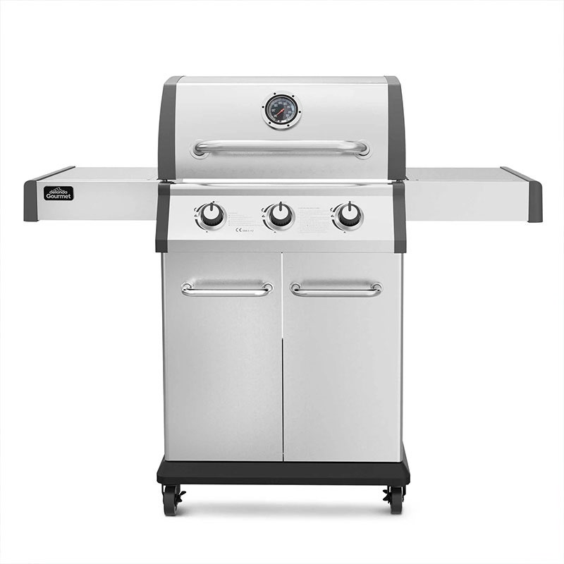 Dellonda 3 Burner Deluxe Gas BBQ Grill, Piezo Ignition, Stainless Steel, Wheels