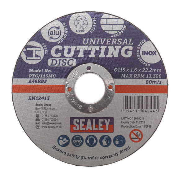 Sealey PTC/115MC Multipurpose Cutting Disc Ø115 x 1.6mm Ø22.2mm Bore