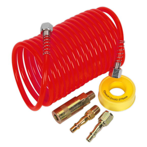 Sealey AHK03 Air Hose Kit 5m x Ø5mm PU Coiled with Connectors