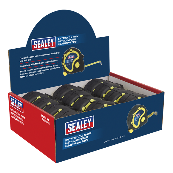 Sealey AK98912 Rubber Tape Measure 5m(16ft) x 19mm Metric/Imperial Display Box of 12