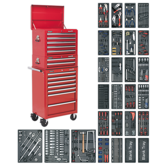 Sealey SPTCOMBO1 Tool Chest Combination 14 Drawer with Ball Bearing Slides - Red & 1179pc Tool Kit