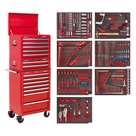 Sealey TBTPCOMBO1 Tool Chest Combination 14 Drawer with Ball Bearing Slides - Red & 446pc Tool Kit