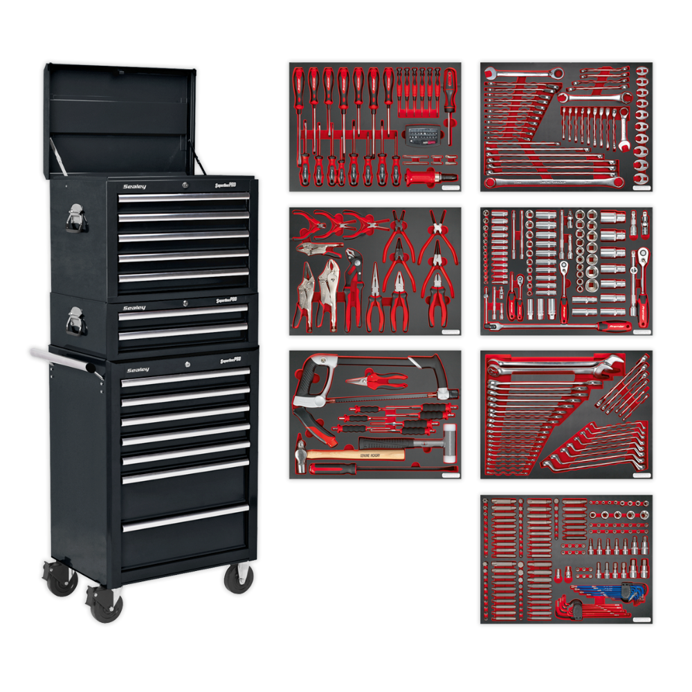 Sealey Tool Chest Combination 14 Drawer with Ball-Bearing Slides - Black & 446pc Tool Kit