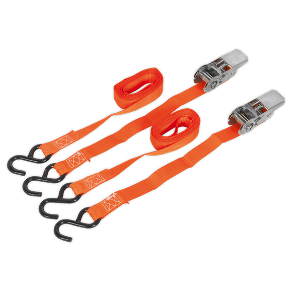 Sealey TD0540S2 Ratchet Tie Down 25mm x 4m Polyester Webbing with S-Hooks 500kg Breaking Strength - Pair
