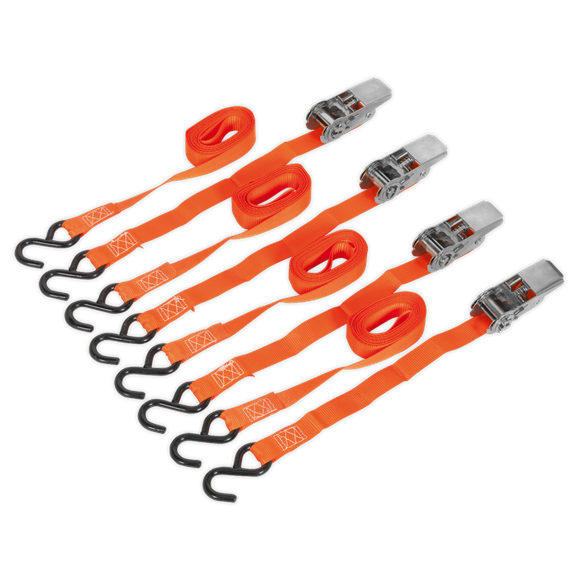 Sealey TD0540S4 Ratchet Tie Down 25mm x 4m Polyester Webbing with S-Hooks 500kg Breaking Strength - 2 Pairs