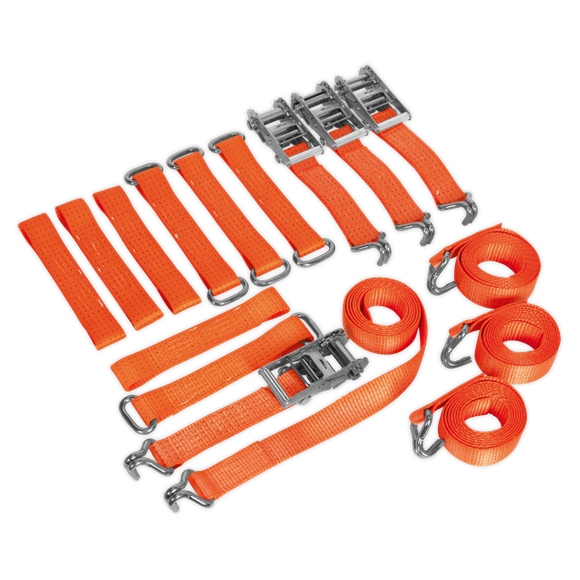 Sealey TDRWKIT Car Transporter Ratchet Tie Down Alloy/Steel Wheel Kit 4pc 50mm x 3m 4500kg Breaking Strength